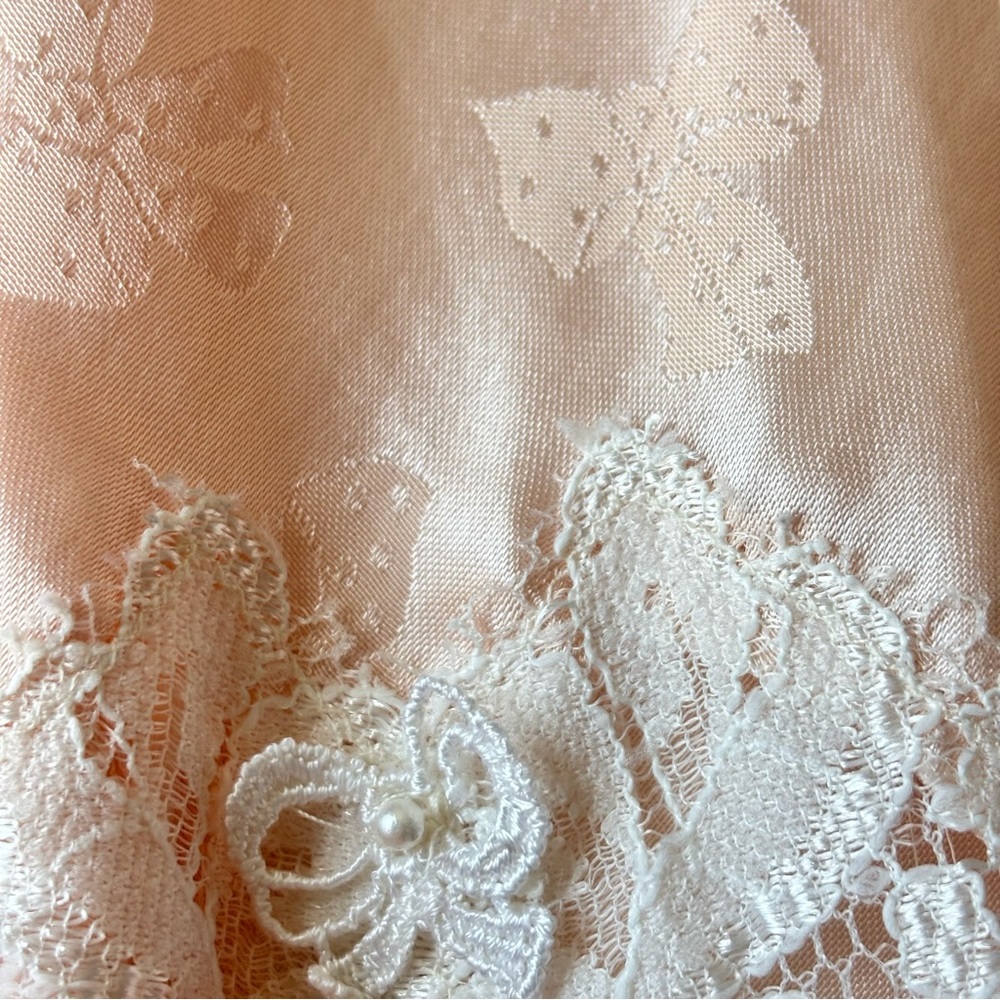 Vintage 80s Barbizon Silk Long Skirt Womens Large Blush Pink Coquette Bows Lace - Picture 7 of 12